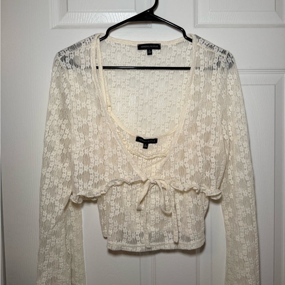 Kendall & Kylie Ivory Lace Tie-Front Blouse and Tank